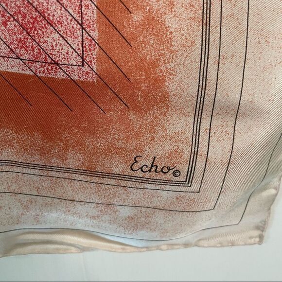 Vintage Echo Red Orange Square Geometric Silk Scarf - Picture 2 of 2
